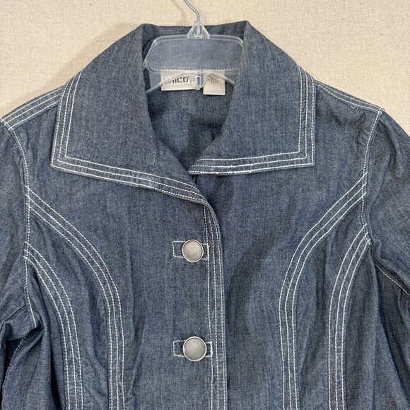 Chicos Blue Jean Chambray Denim Jacket Belted Waist & Button Closure 0 - Picture 3 of 11